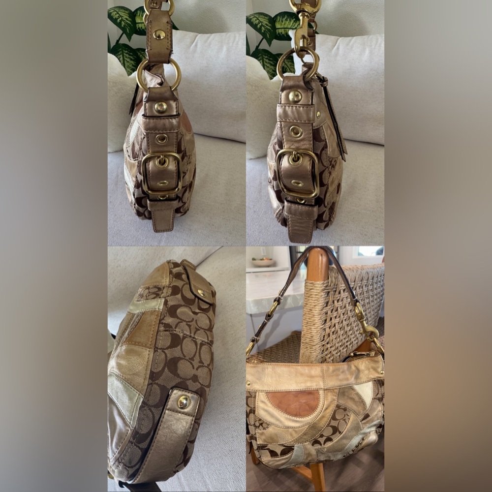 Coach Zoe Vintage Signature Jacquard Patchwork Gold Brown Shoulder Y2K Bag 12662 - Picture 13 of 17